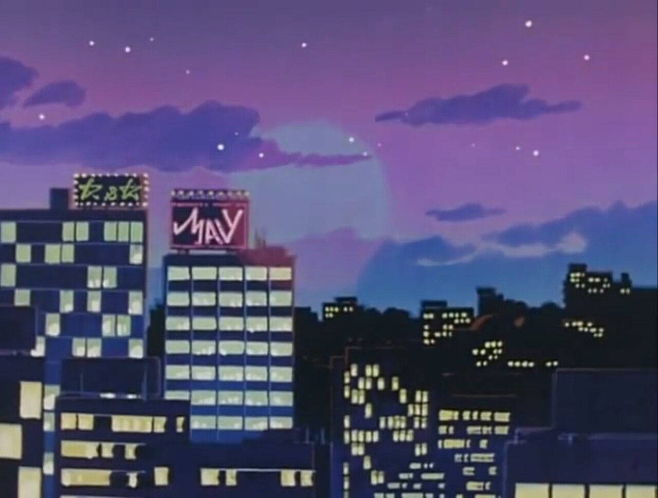 A Cityscape With Buildings And A Moon Wallpaper