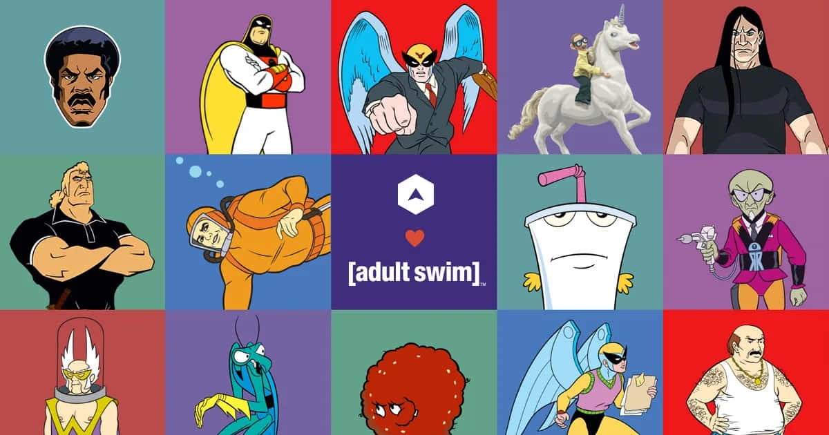 A Collage Of Cartoon Characters With The Words Swim Wallpaper