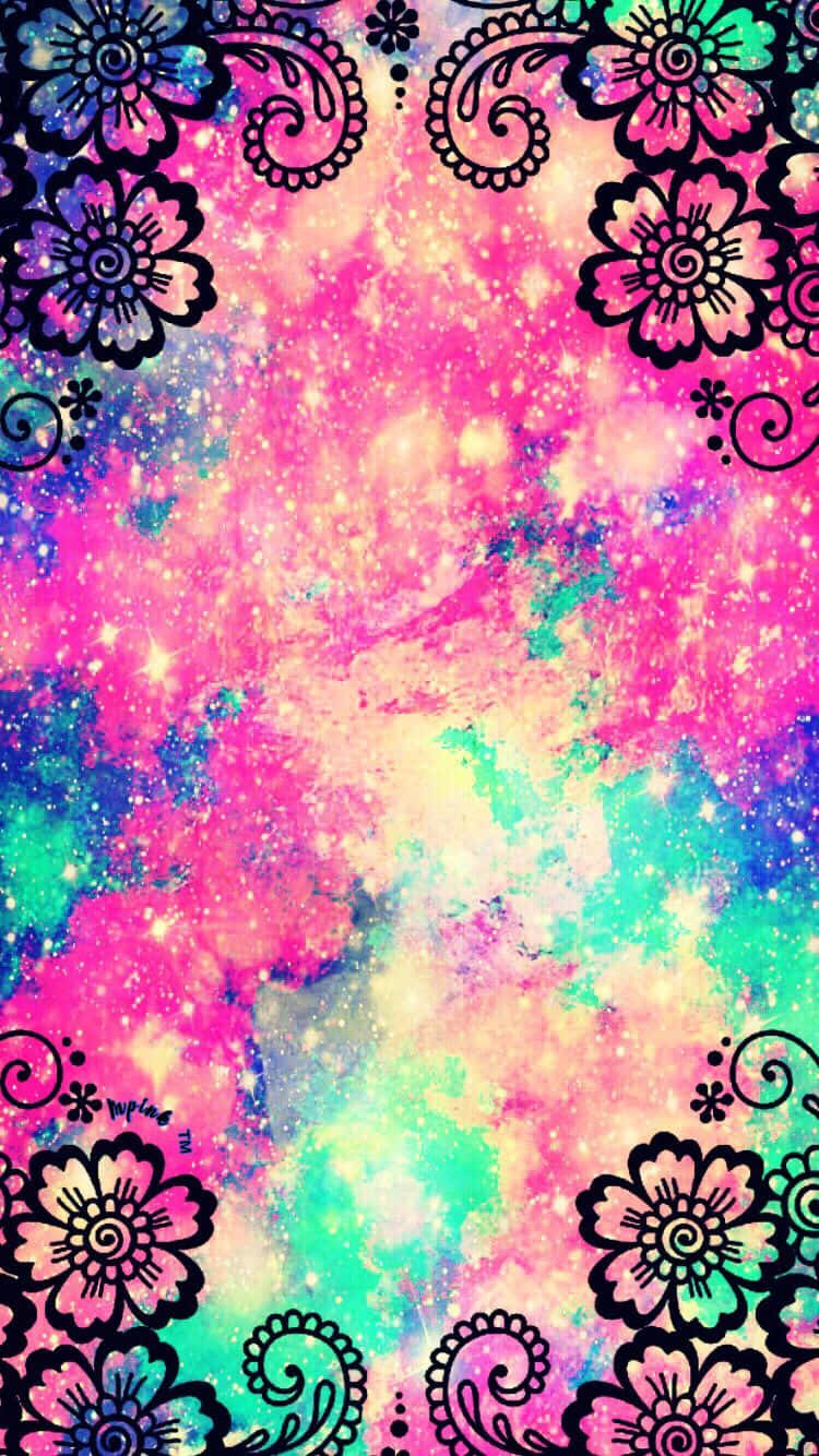 A Colorful Galaxy Background With Flowers Wallpaper