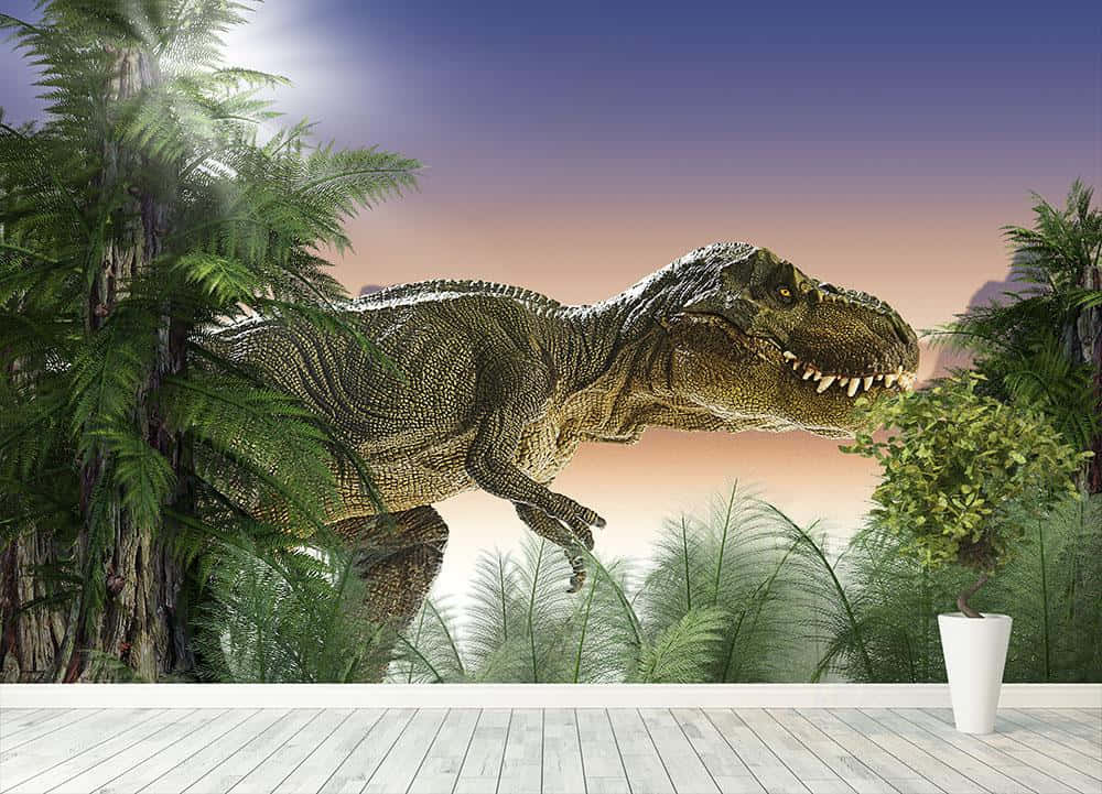 A Dinosaur Is Walking Through The Jungle Wallpaper