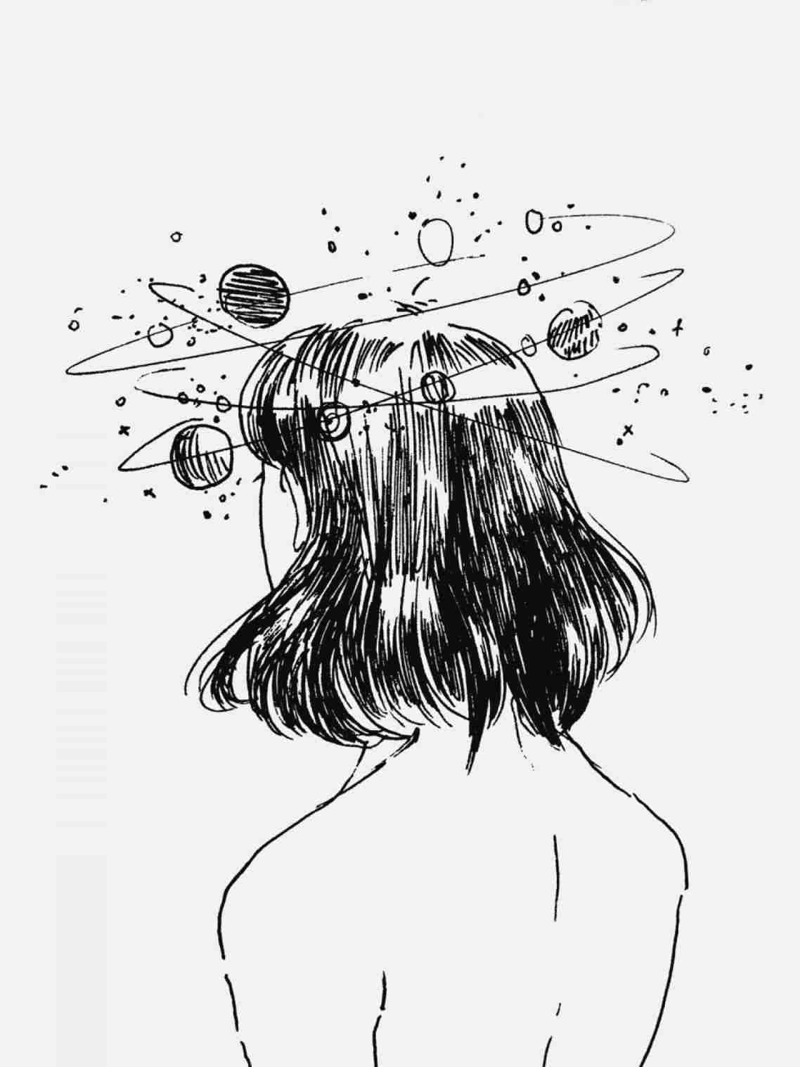 A Drawing Of A Girl With A Planet In Her Head Wallpaper