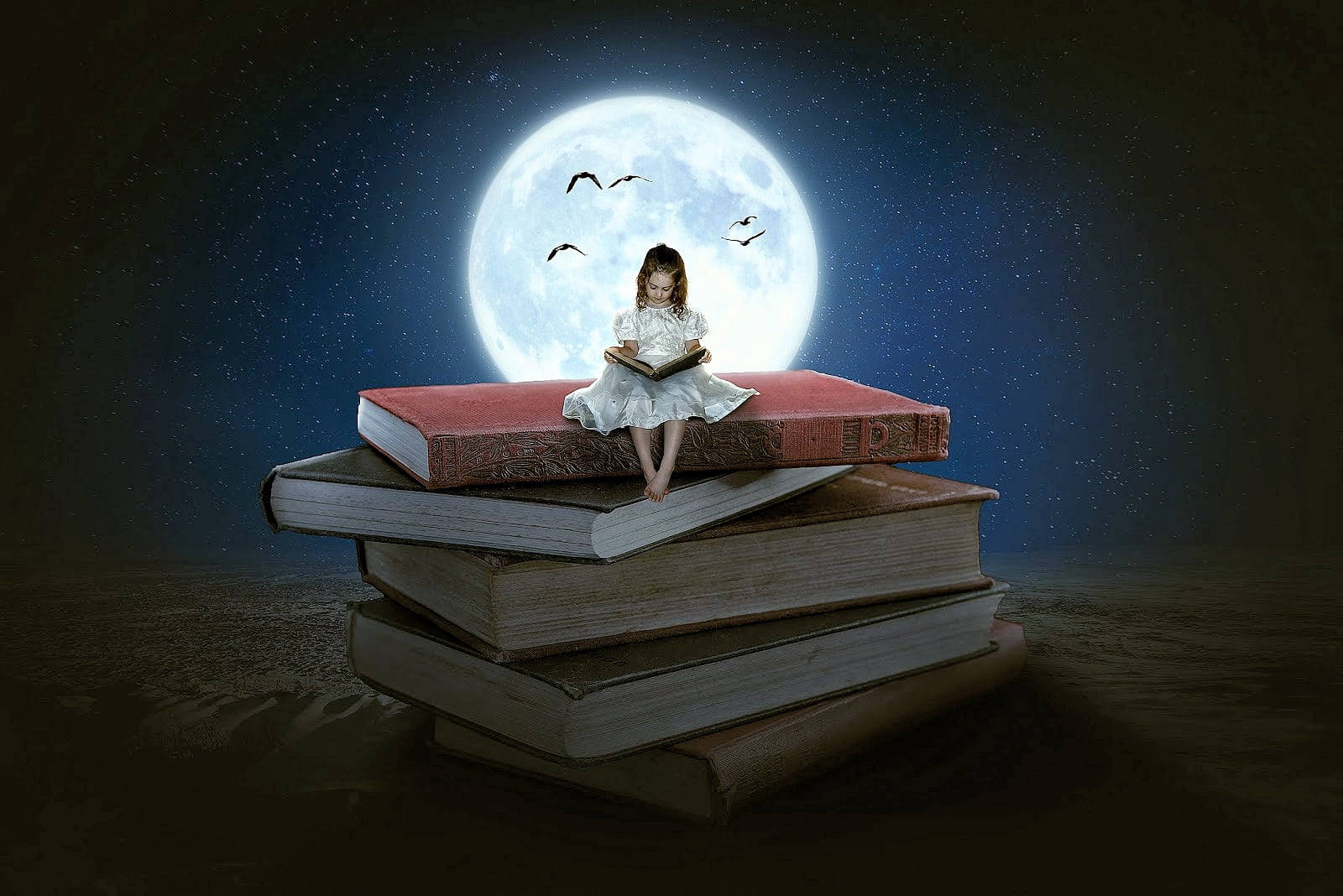 A Girl Dreaming On A Pile Of Books Wallpaper