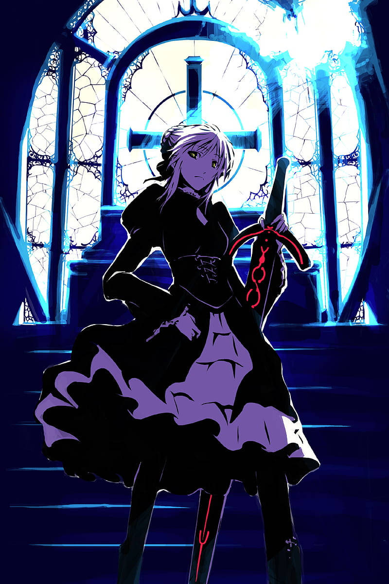 A Girl In Black Holding A Sword In Front Of A Stained Glass Window Wallpaper