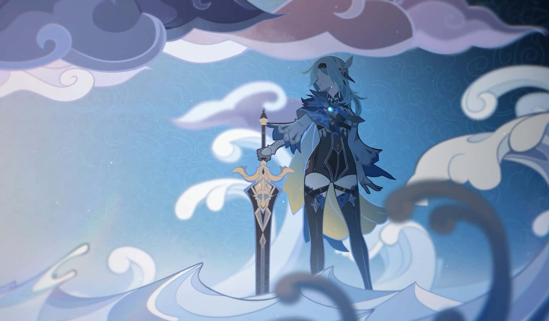 A Girl With A Sword Standing On A Cloud Wallpaper