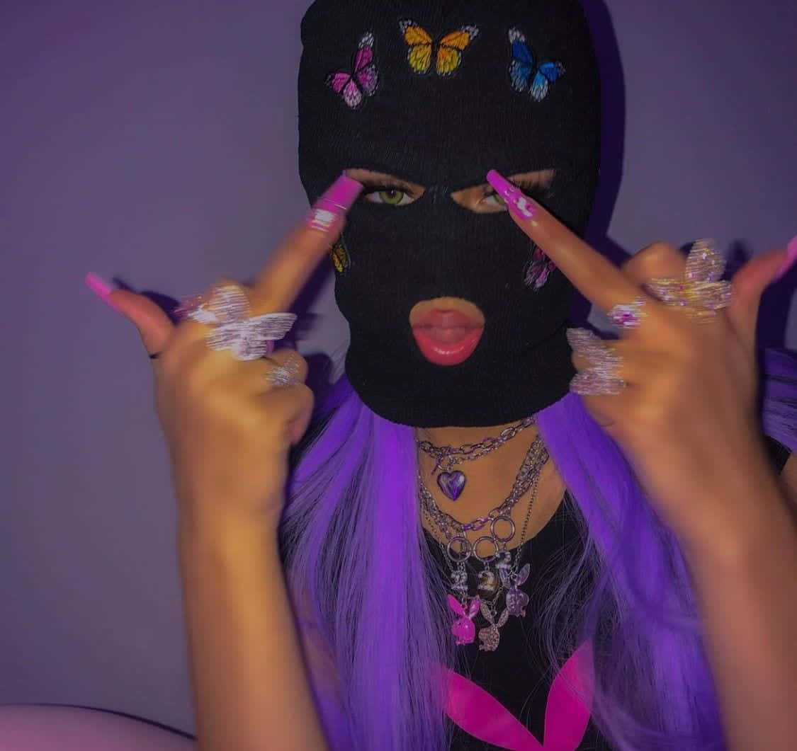 A Girl With Purple Hair And A Mask Wallpaper