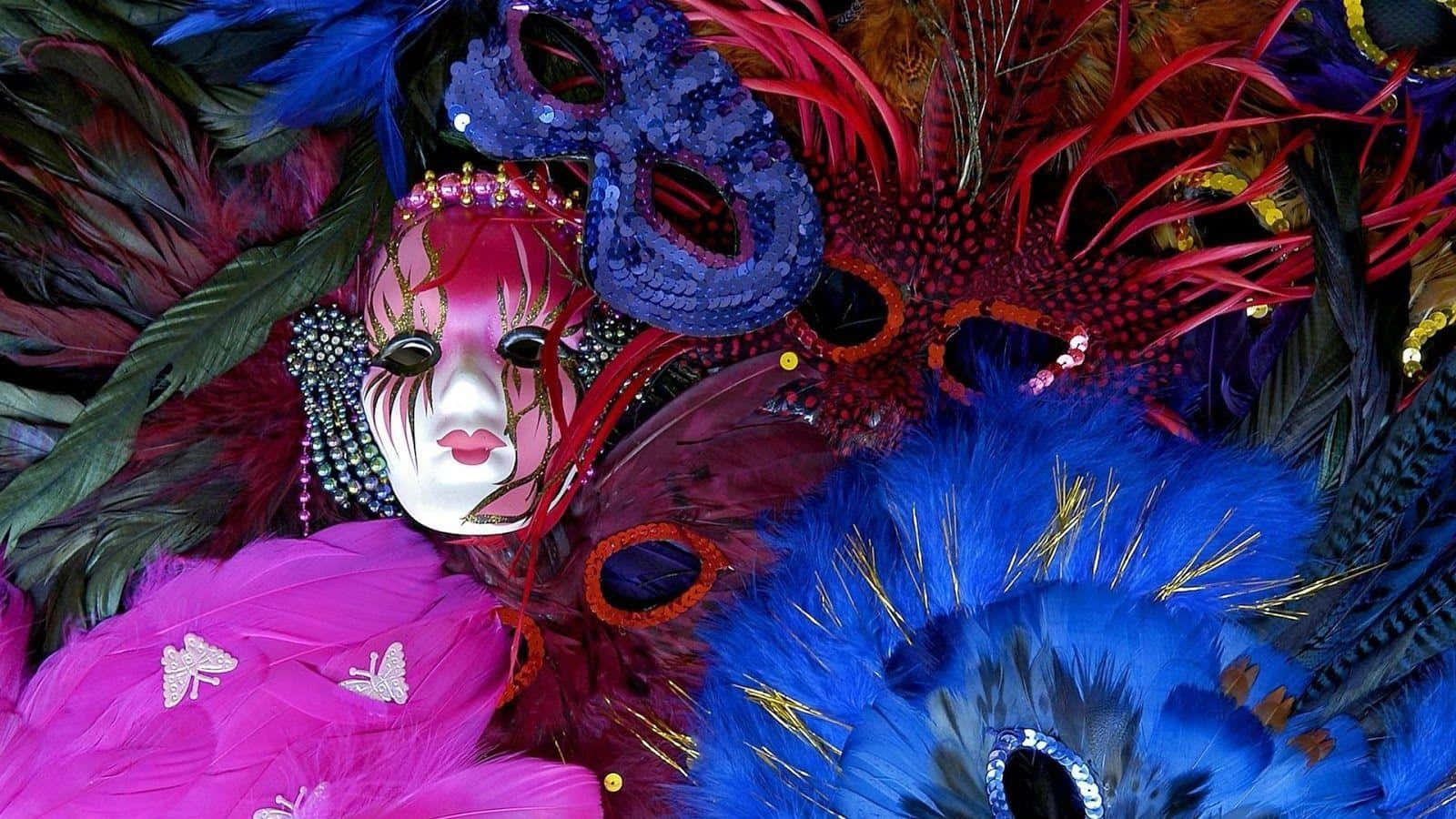 A Group Of Colorful Masks And Feathers Wallpaper