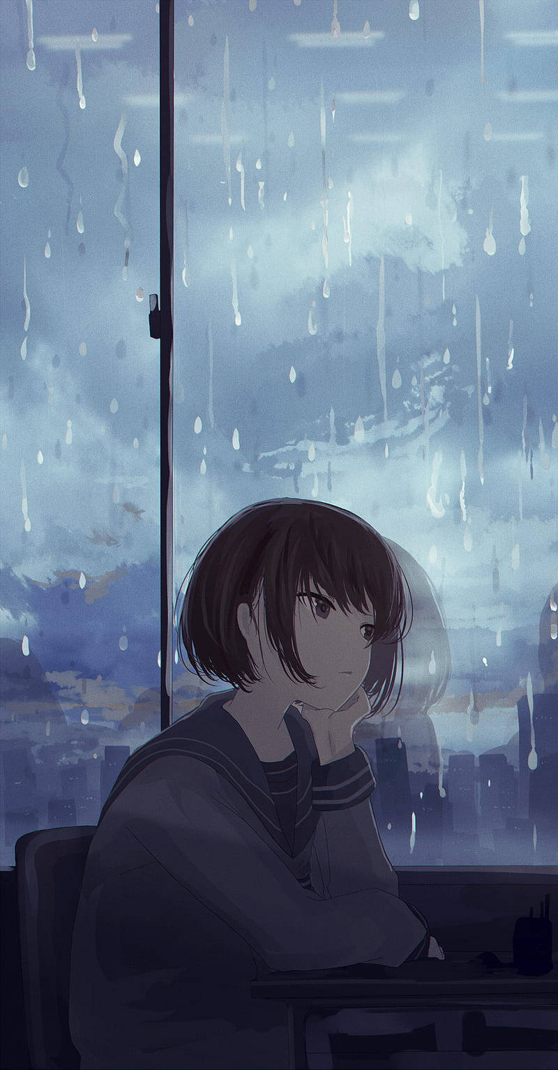 A Lonely Anime Girl Stares At Her Phone, Feeling Despondent. Wallpaper