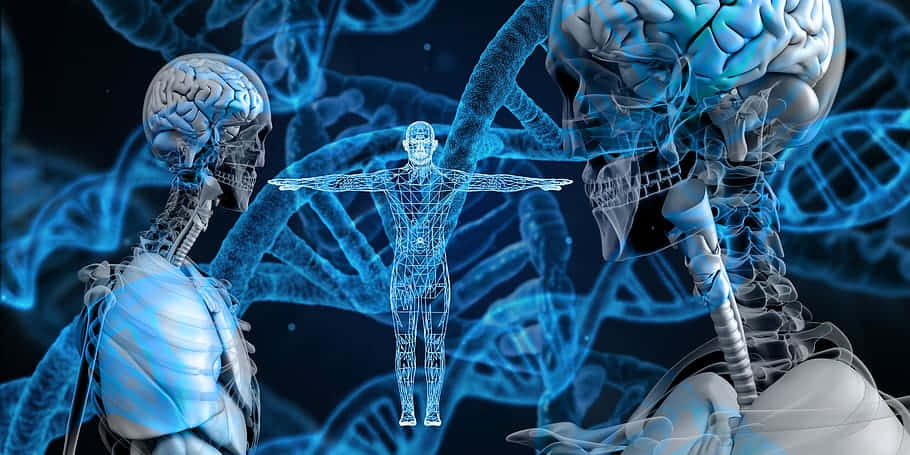 A Man And A Woman Are Standing In Front Of A Dna Strand Wallpaper