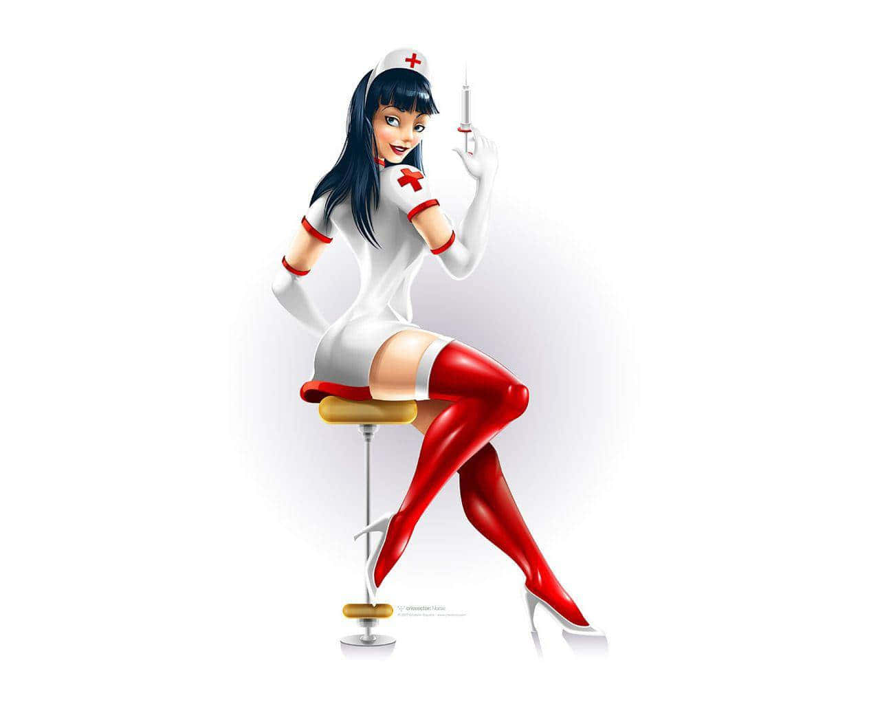 A Nurse Sitting On A Stool With A Syringe Wallpaper