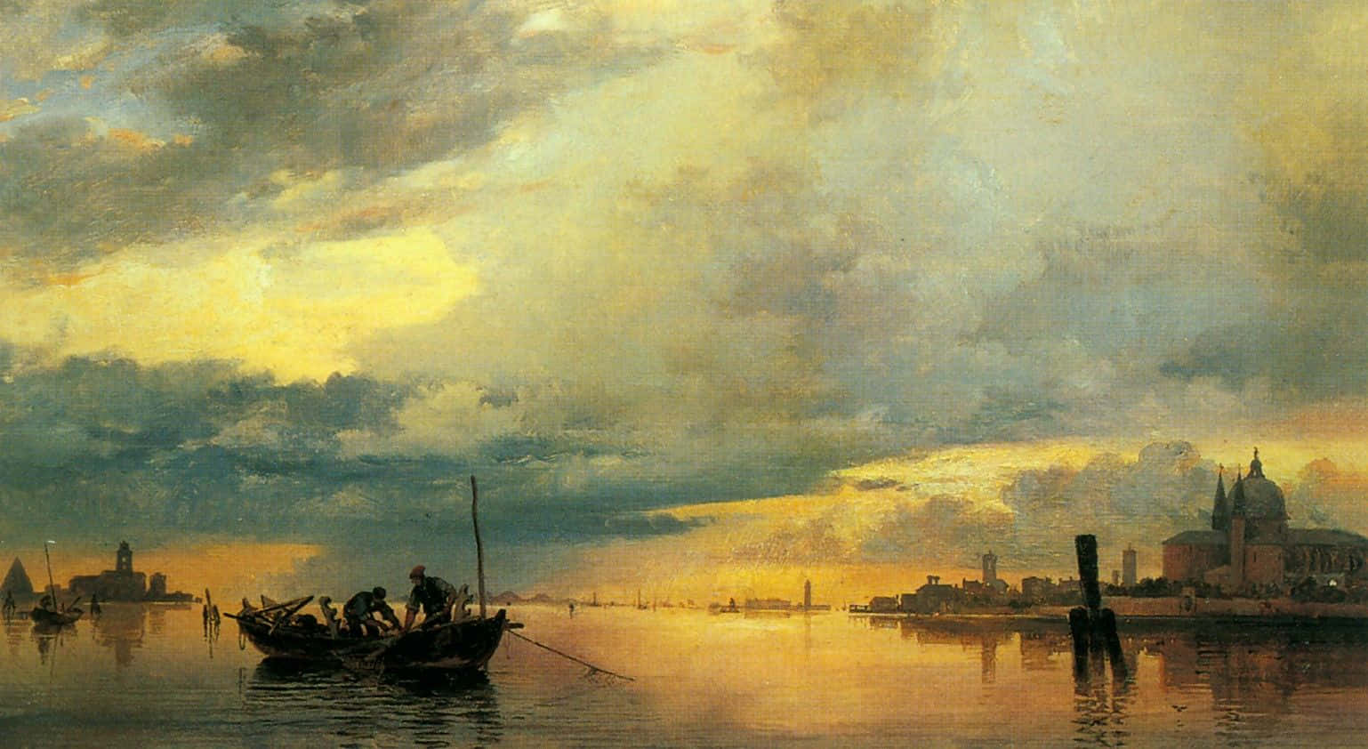 A Painting Of A Boat In The Water With Clouds In The Sky Wallpaper