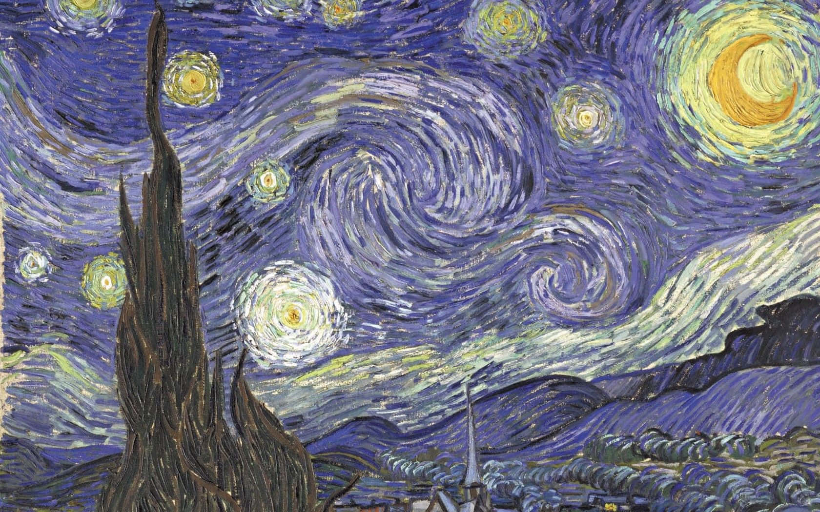 A Painting Of A Starry Night With A Tree Wallpaper