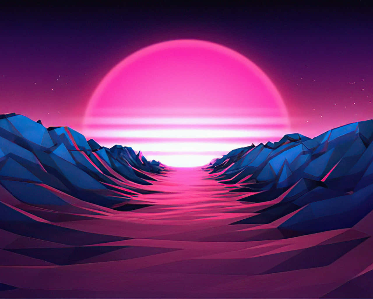 A Pink And Purple Landscape With Mountains And A Sun Wallpaper