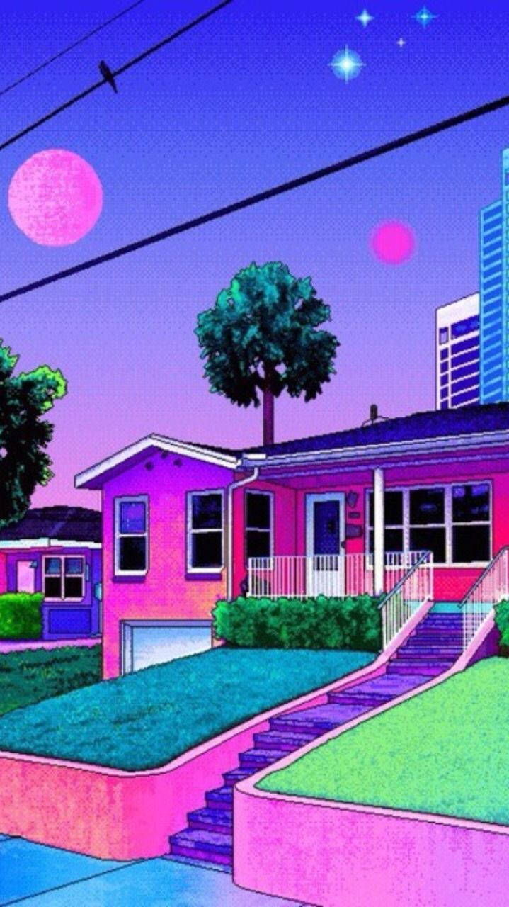 A Pink House With A Purple Sky Wallpaper