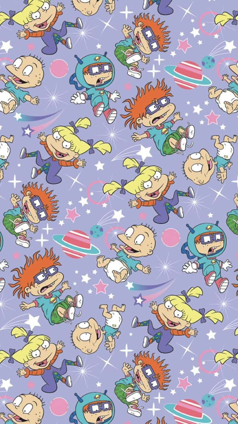 A Purple Fabric With Cartoon Characters On It Wallpaper