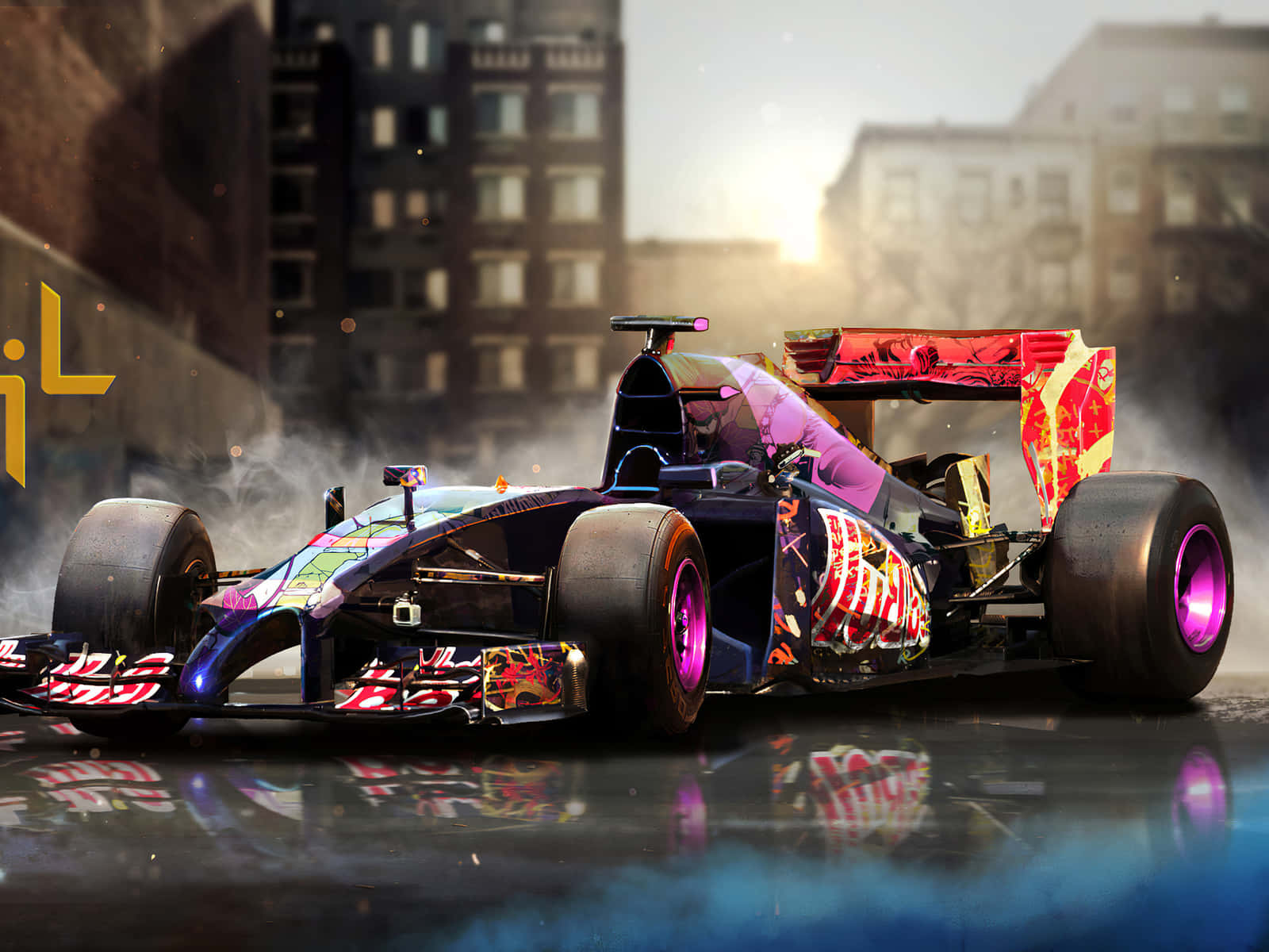 A Racing Car Driving Through A City Wallpaper