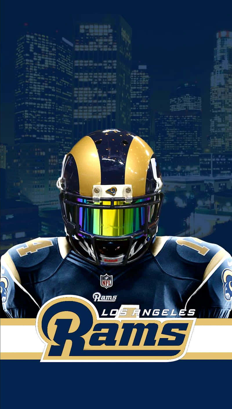 A Rams Player In A Helmet With A City Skyline Behind Him Wallpaper