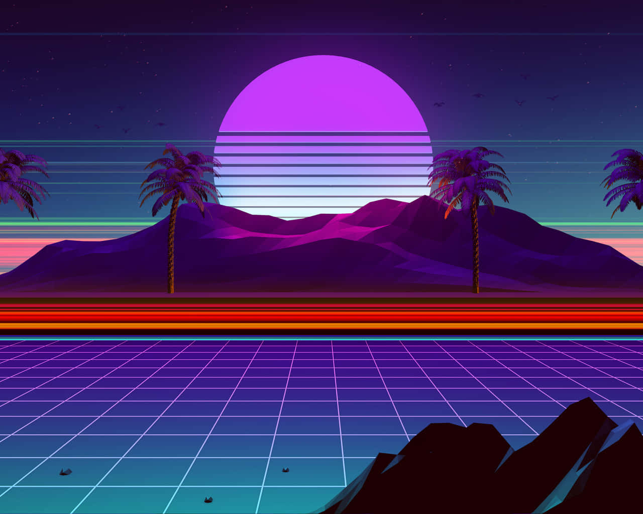 A Retro Styled Landscape With Palm Trees And Mountains Wallpaper