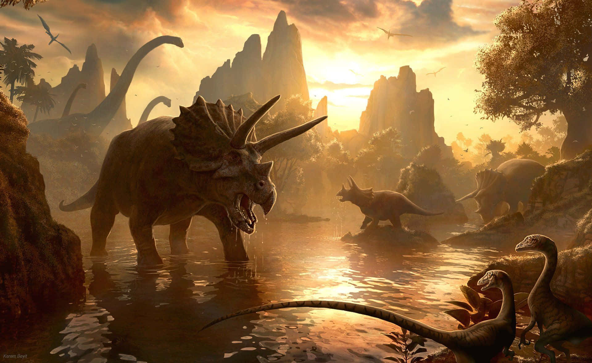 A Scene Of Dinosaurs In A River Wallpaper