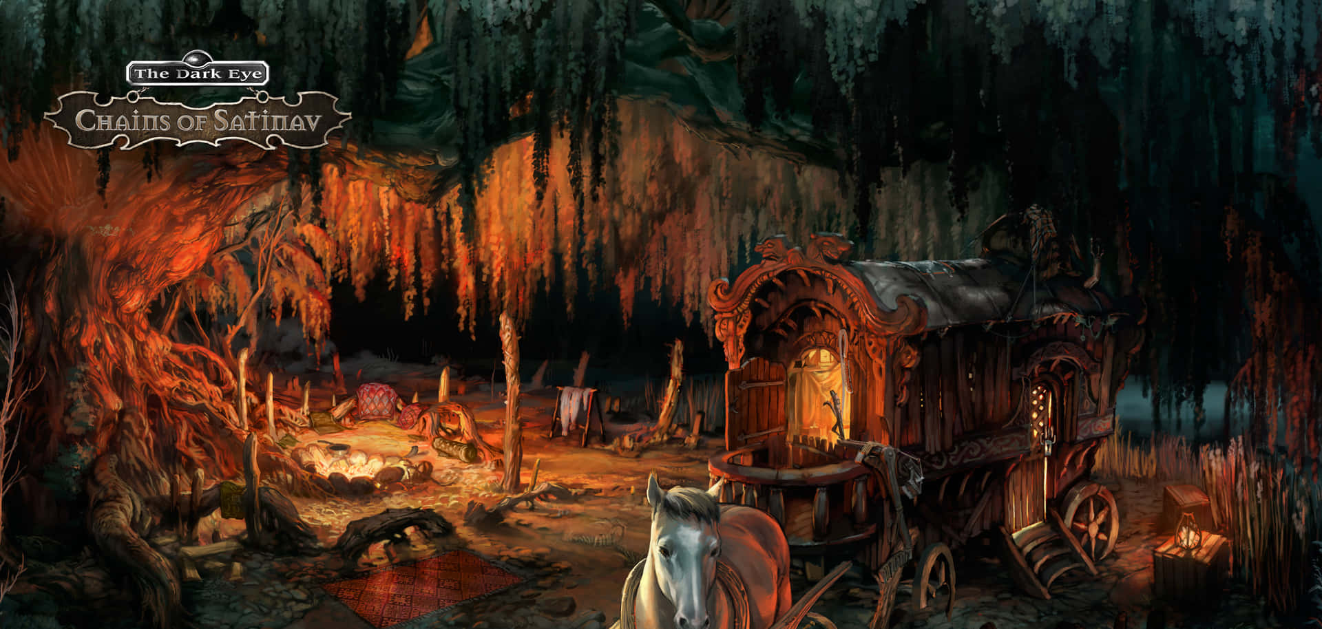 A Screenshot Of A Dark Cave With A Carriage And A Witch Wallpaper