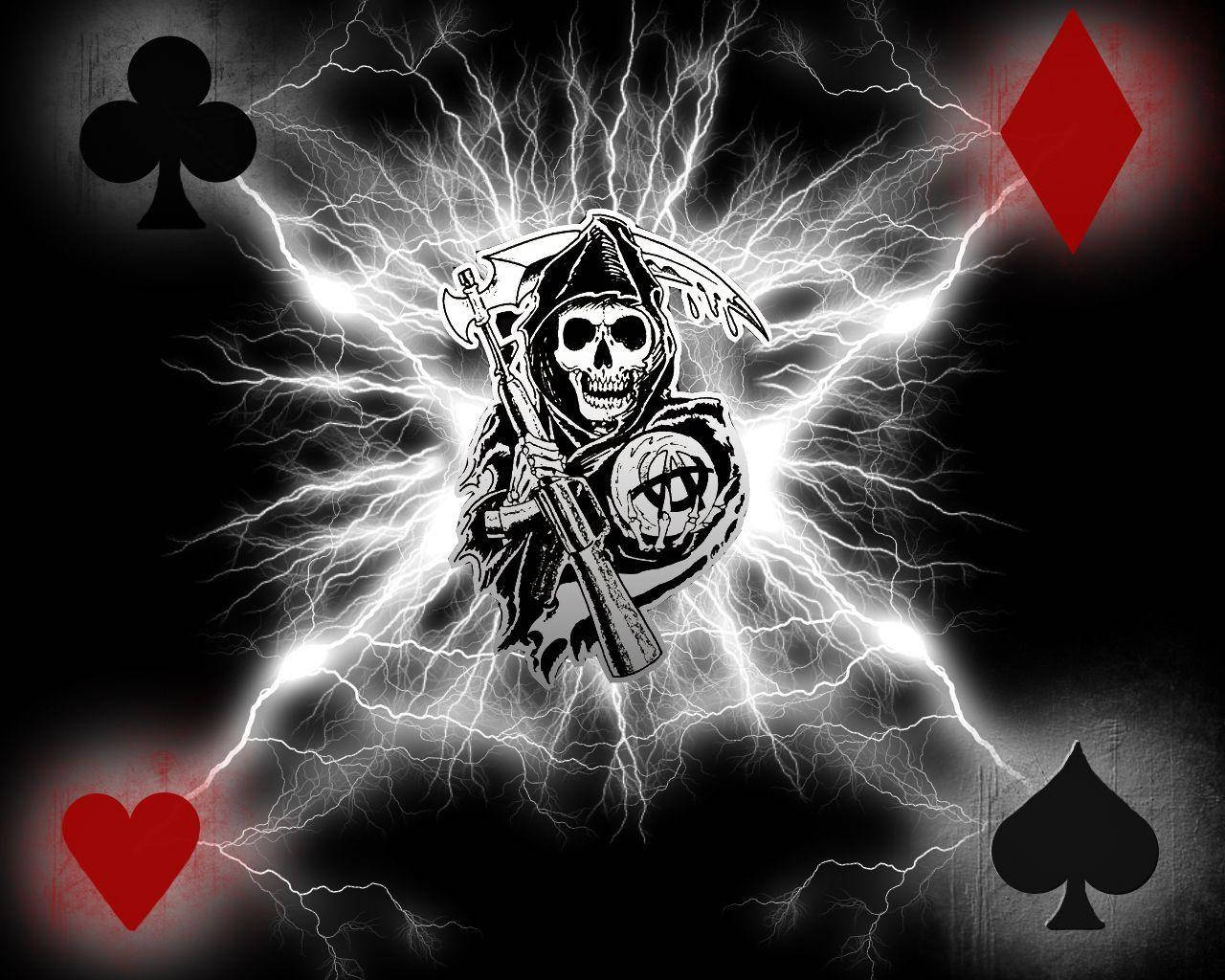 A Skull With Lightning And Playing Cards Wallpaper
