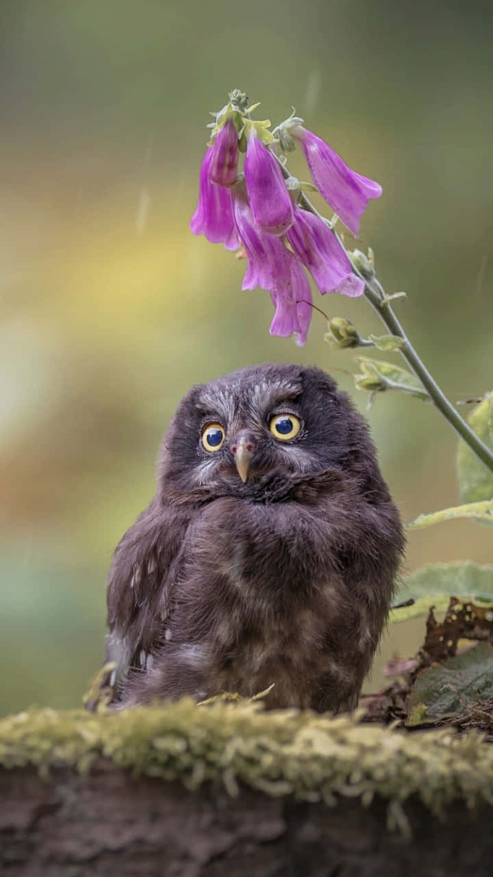 A Small Owl Sitting On A Branch With Purple Flowers Wallpaper