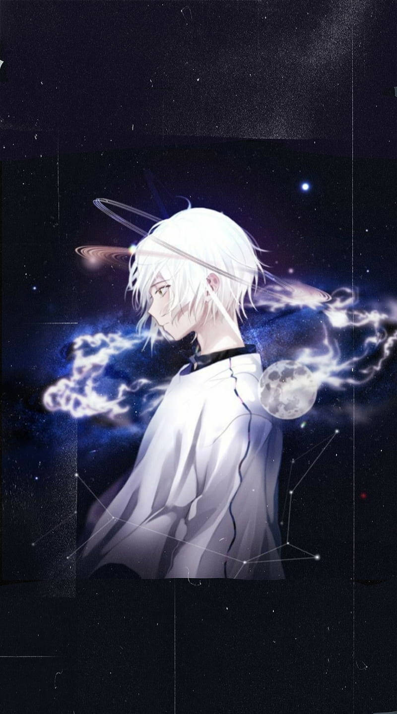 A White Anime Character With A Space Background Wallpaper