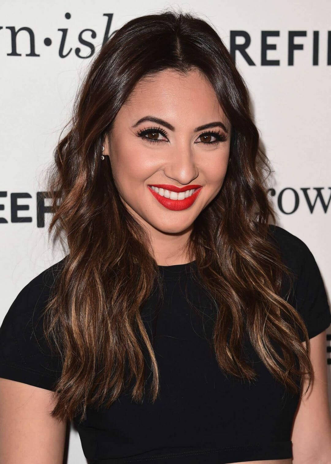 A Woman In Black With Red Lipstick Posing For A Photo Wallpaper