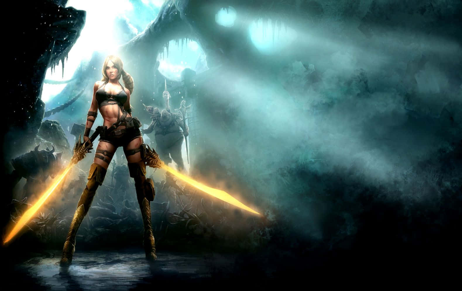 A Woman With Two Swords Standing In A Dark Cave Wallpaper