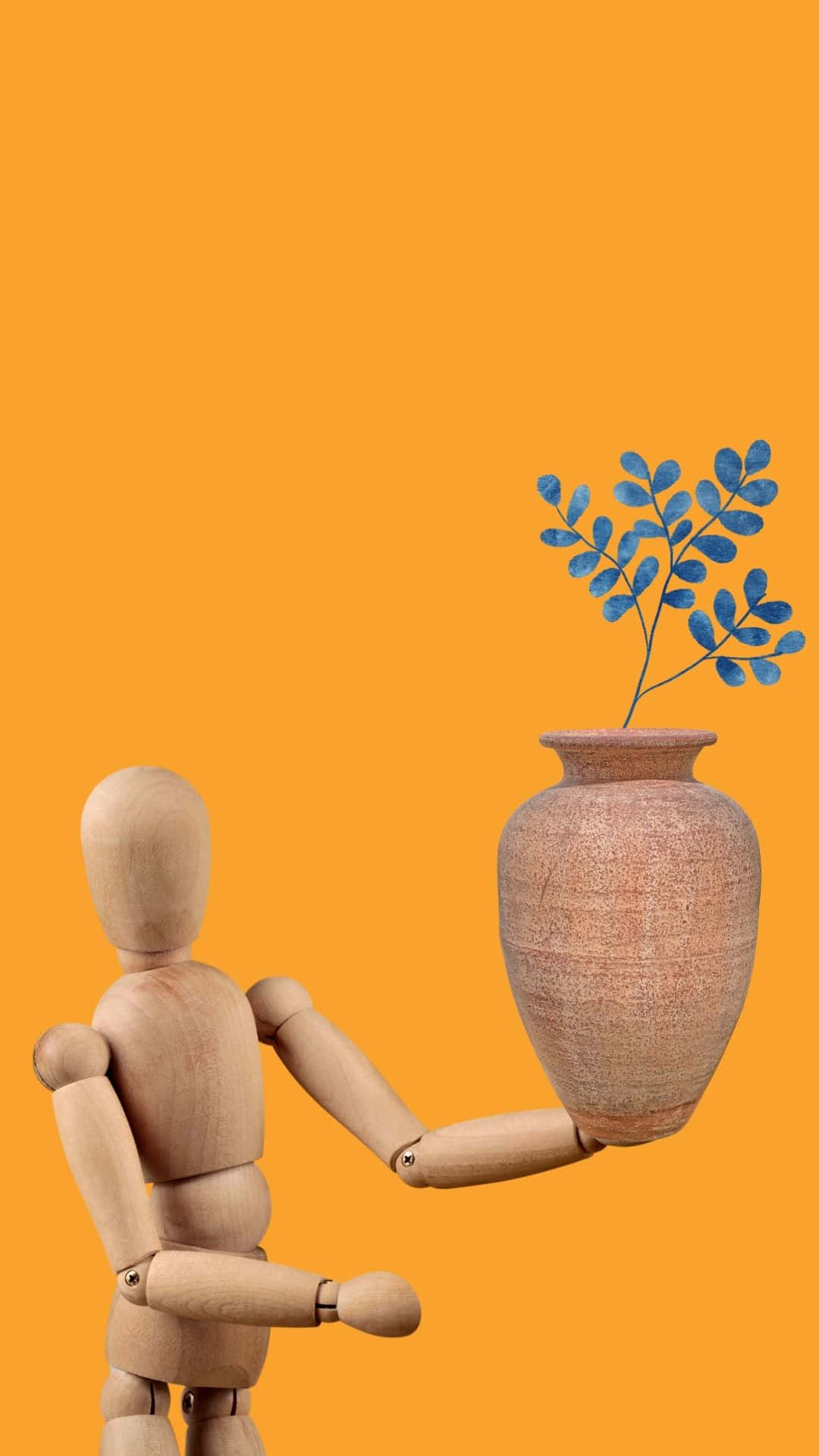 A Wooden Mannequin Holding A Pot Of Plants Wallpaper