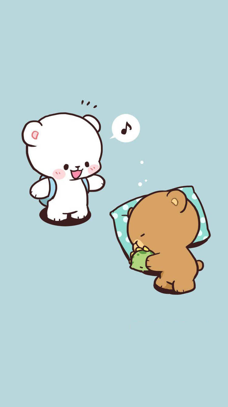 Adorable Milk & Mocha Bears With A Backpack And Pillow Wallpaper