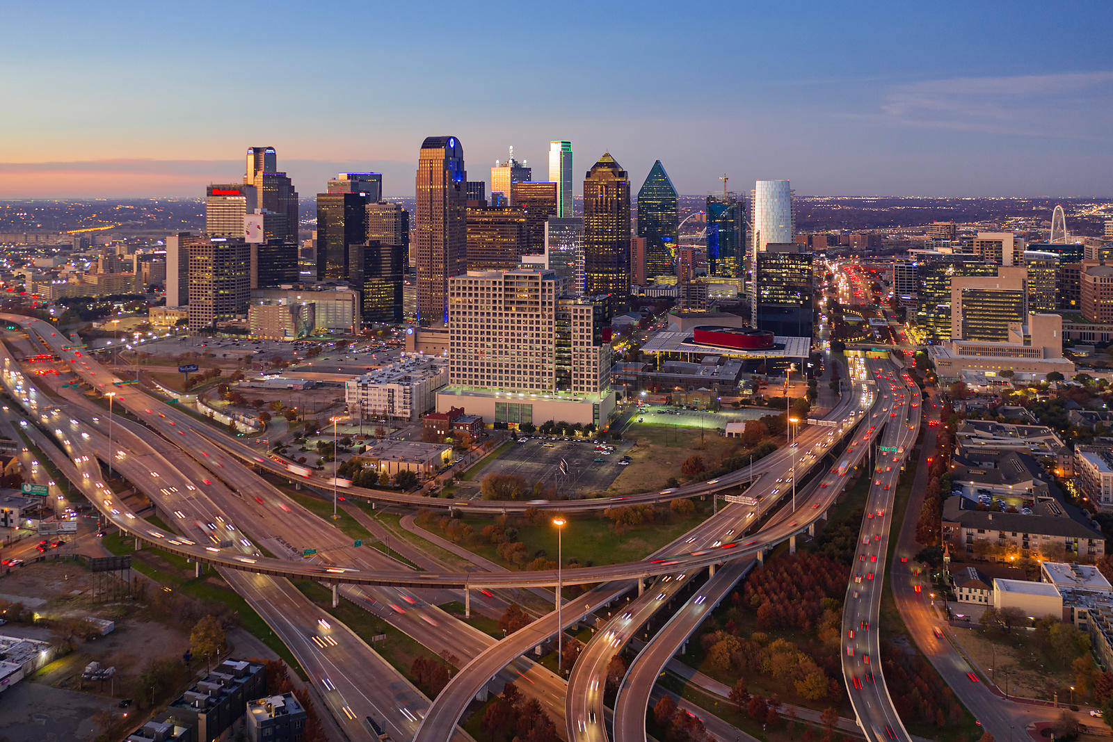 Aerial View Showcasing The Vibrant Dallas Skyline Wallpaper