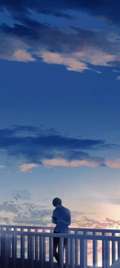 Aesthetic Anime Boy Bridge Blue Sky Wallpaper