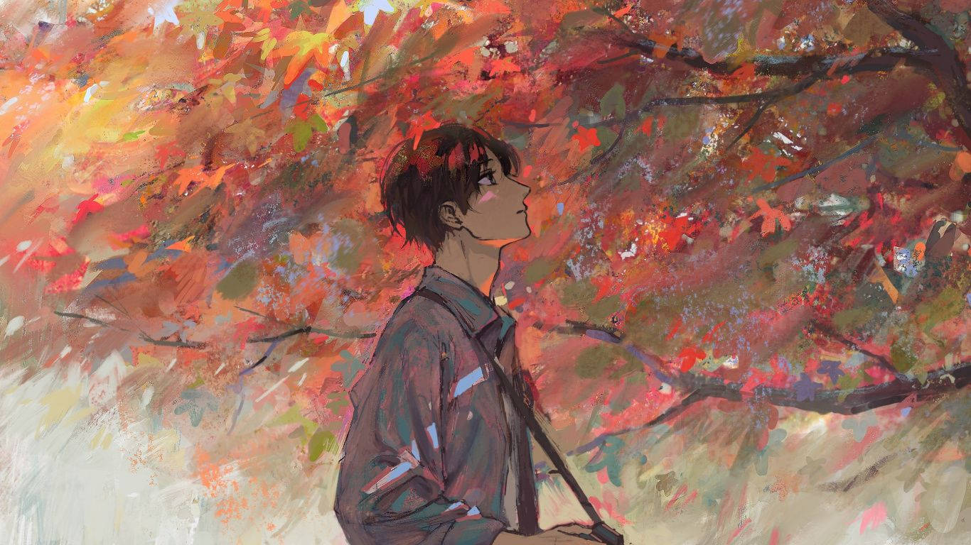 Aesthetic Anime Boy Red Tree Wallpaper