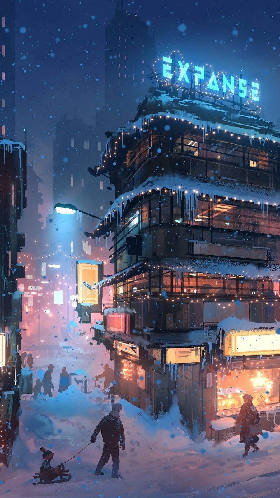 Aesthetic Anime Expanse Building In Winter Phone Wallpaper