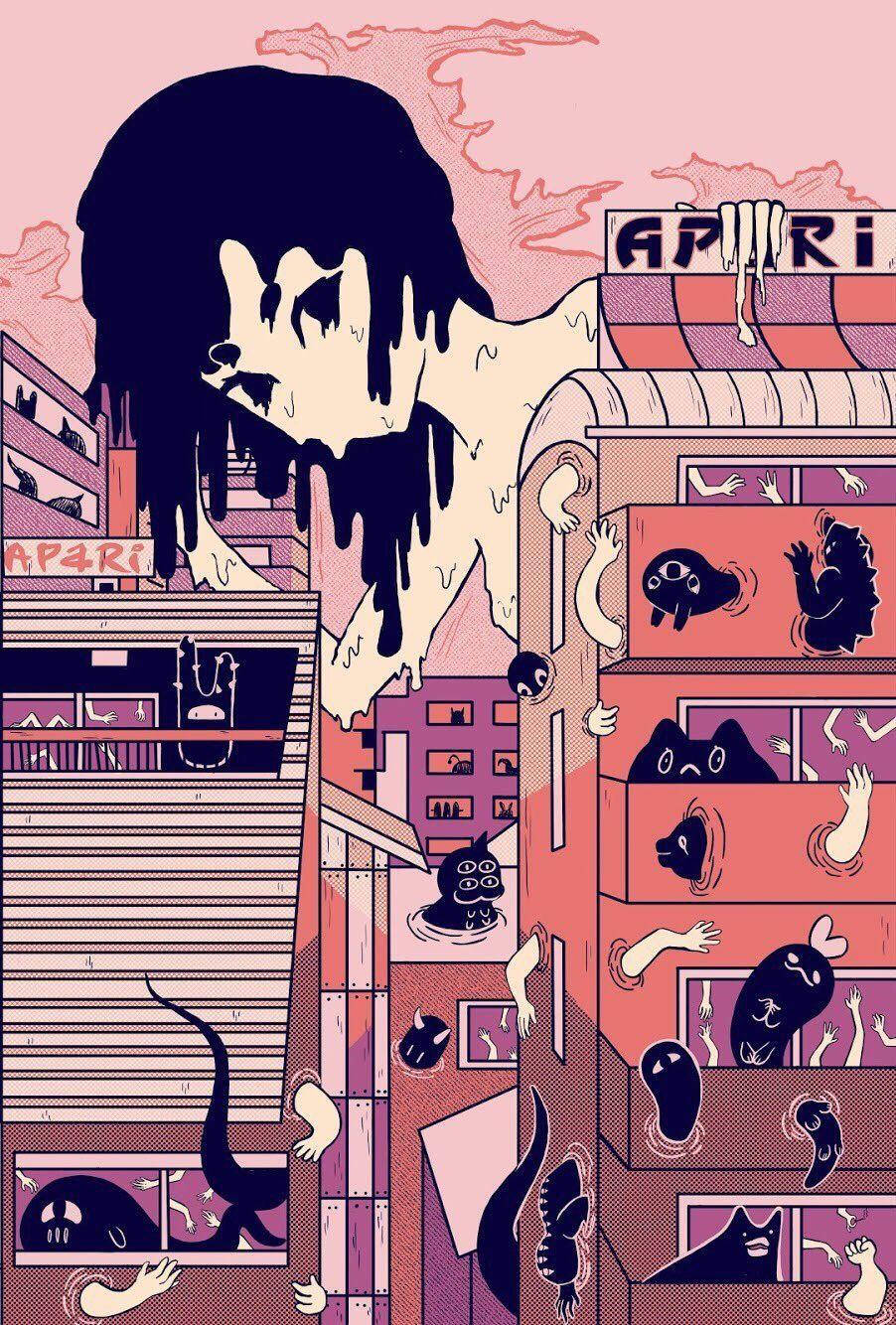 Aesthetic Anime Giant Girl And Ghost Building Phone Wallpaper