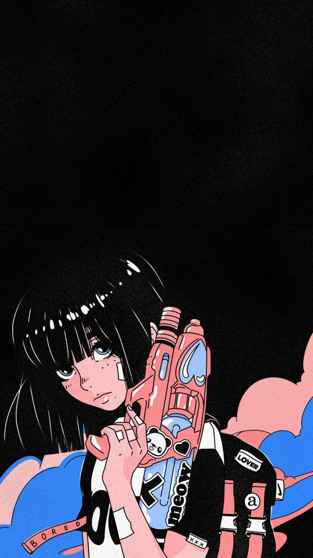 Aesthetic Anime Girl Holding Blaster Phone Wallpaper