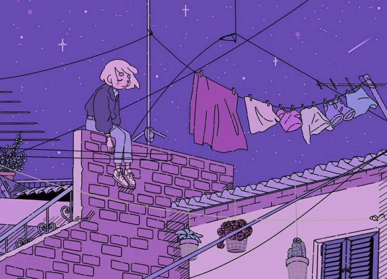 Aesthetic Anime Girl Purple Night Wallpaper