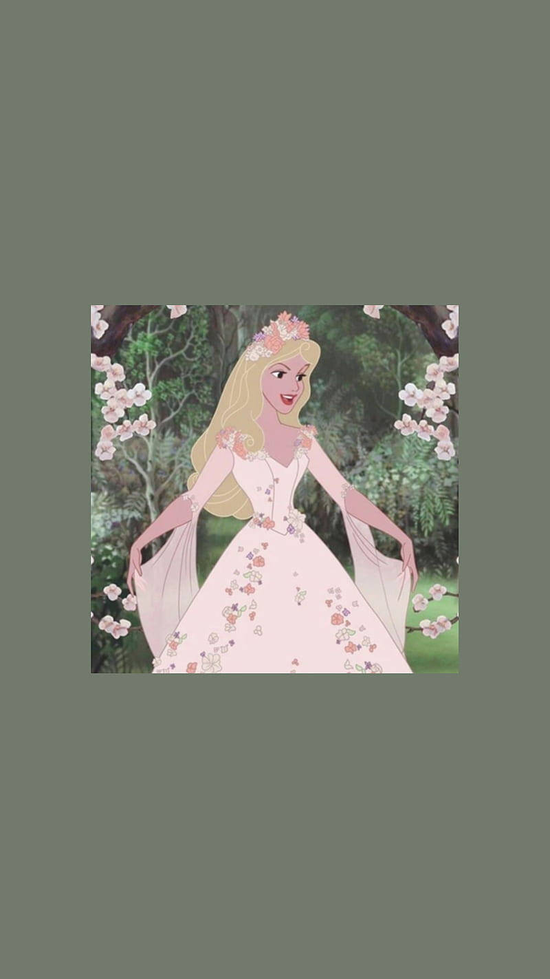 Aesthetic Cartoon Princess Aurora In Flower Dress Wallpaper