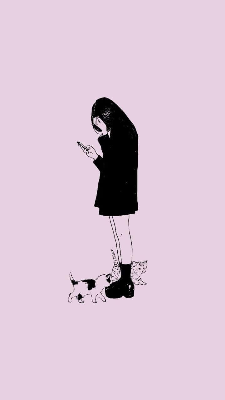 Aesthetic Girl Drawing With Cats Wallpaper