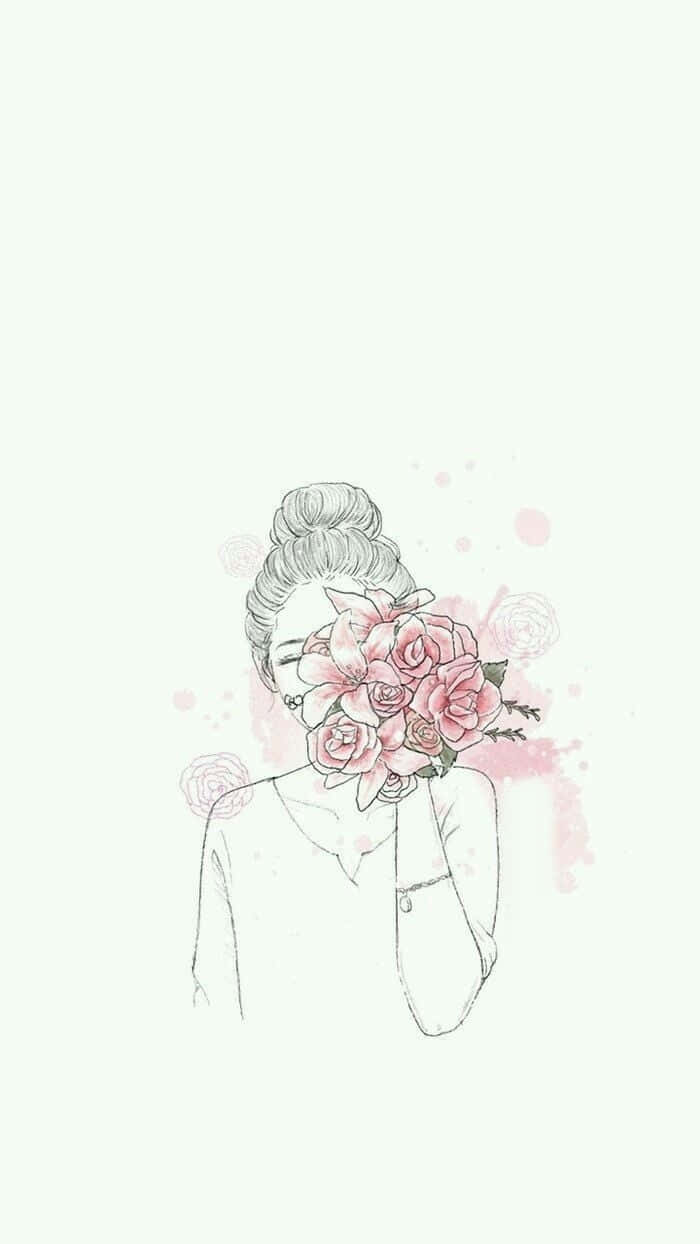 Aesthetic Girl Drawing With Rose Bouquet Wallpaper