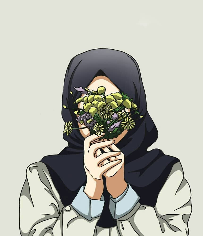 Aesthetic Hijab Cartoon Flowers Wallpaper