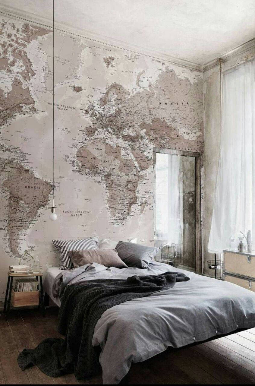 Aesthetic Home Bedroom With Map Wall Wallpaper