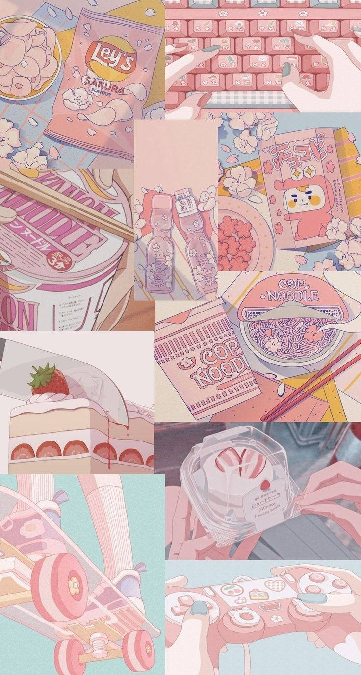 Aesthetic Pink Anime Food And Hobbies Wallpaper