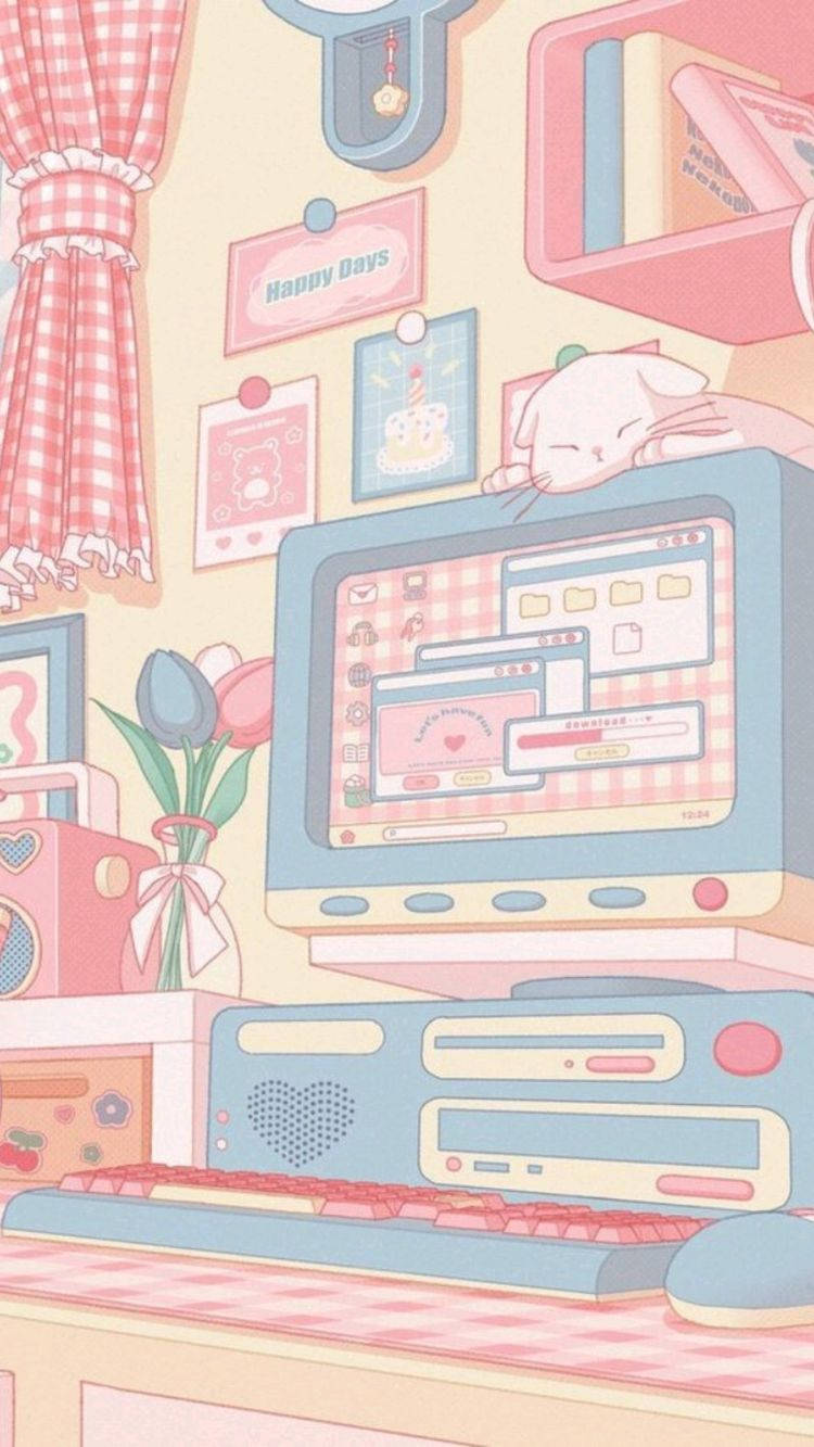 Aesthetic Pink Anime Study Space Wallpaper