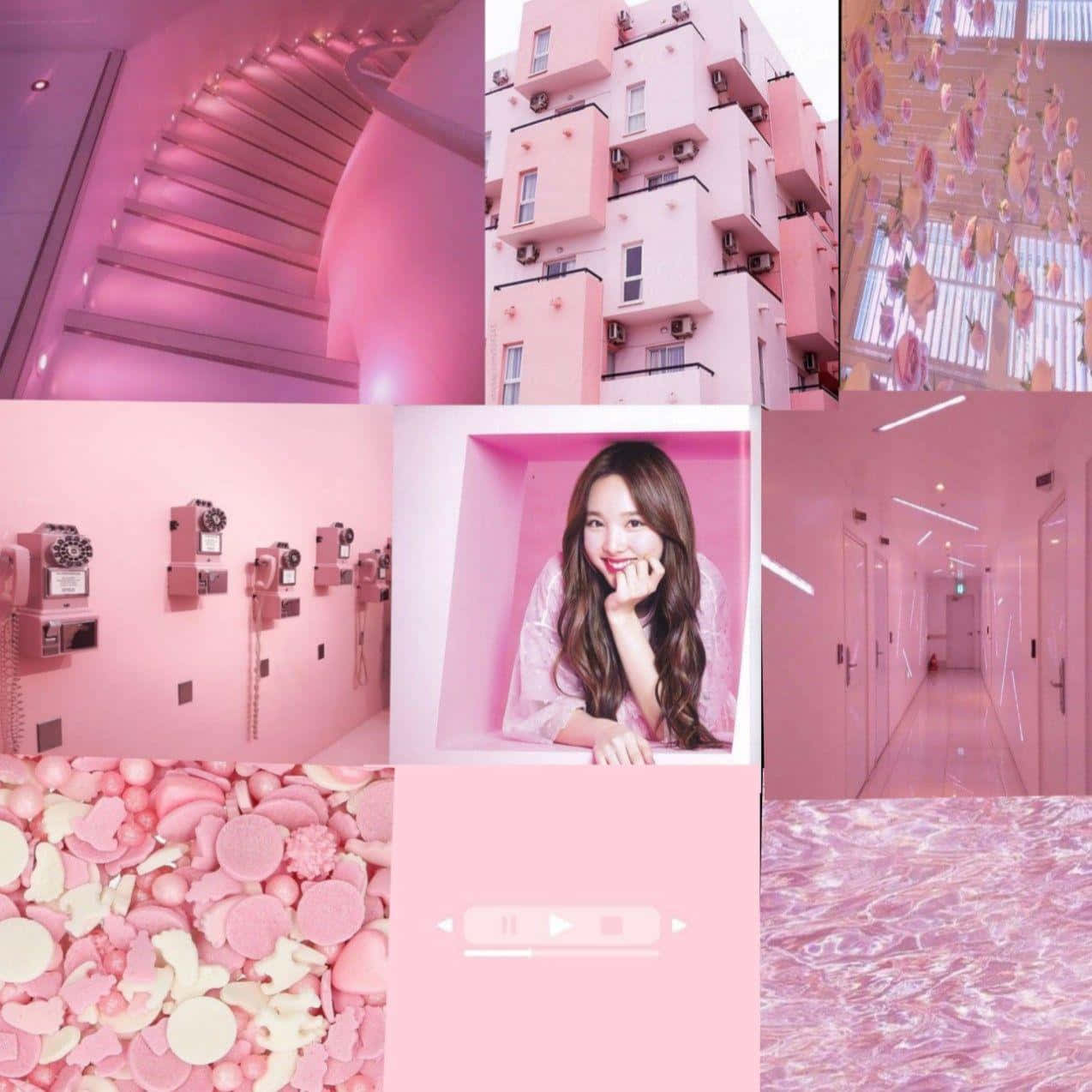 Aesthetic Pink Collage With Macaroon And Korean Girl Wallpaper