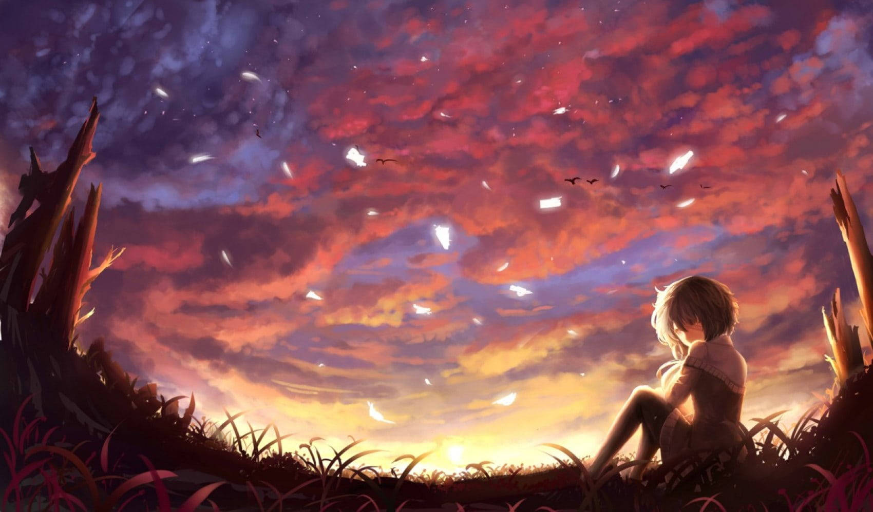 Aesthetic Sad Anime Girl Red Sky Wallpaper