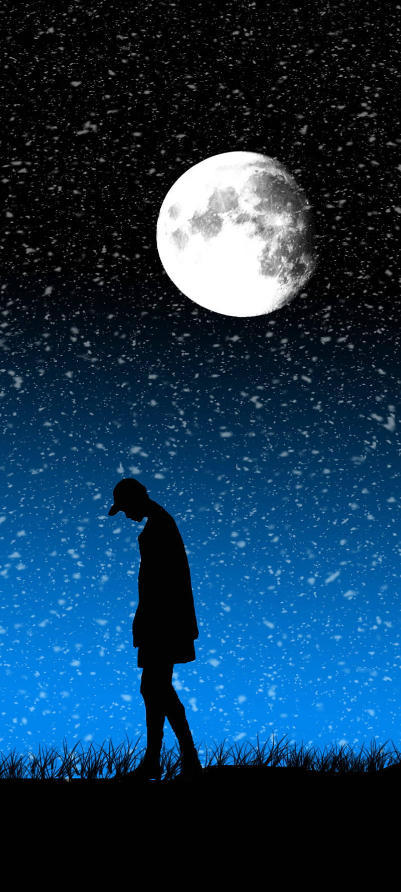 Alone Boy Anime Under Full Moon Wallpaper