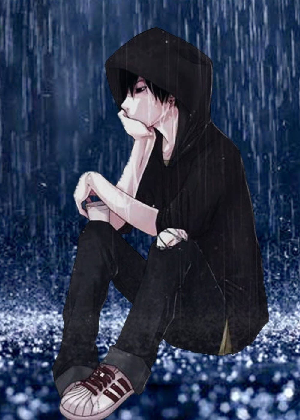 Alone Sad Anime Boys In Black Hoodie Wallpaper