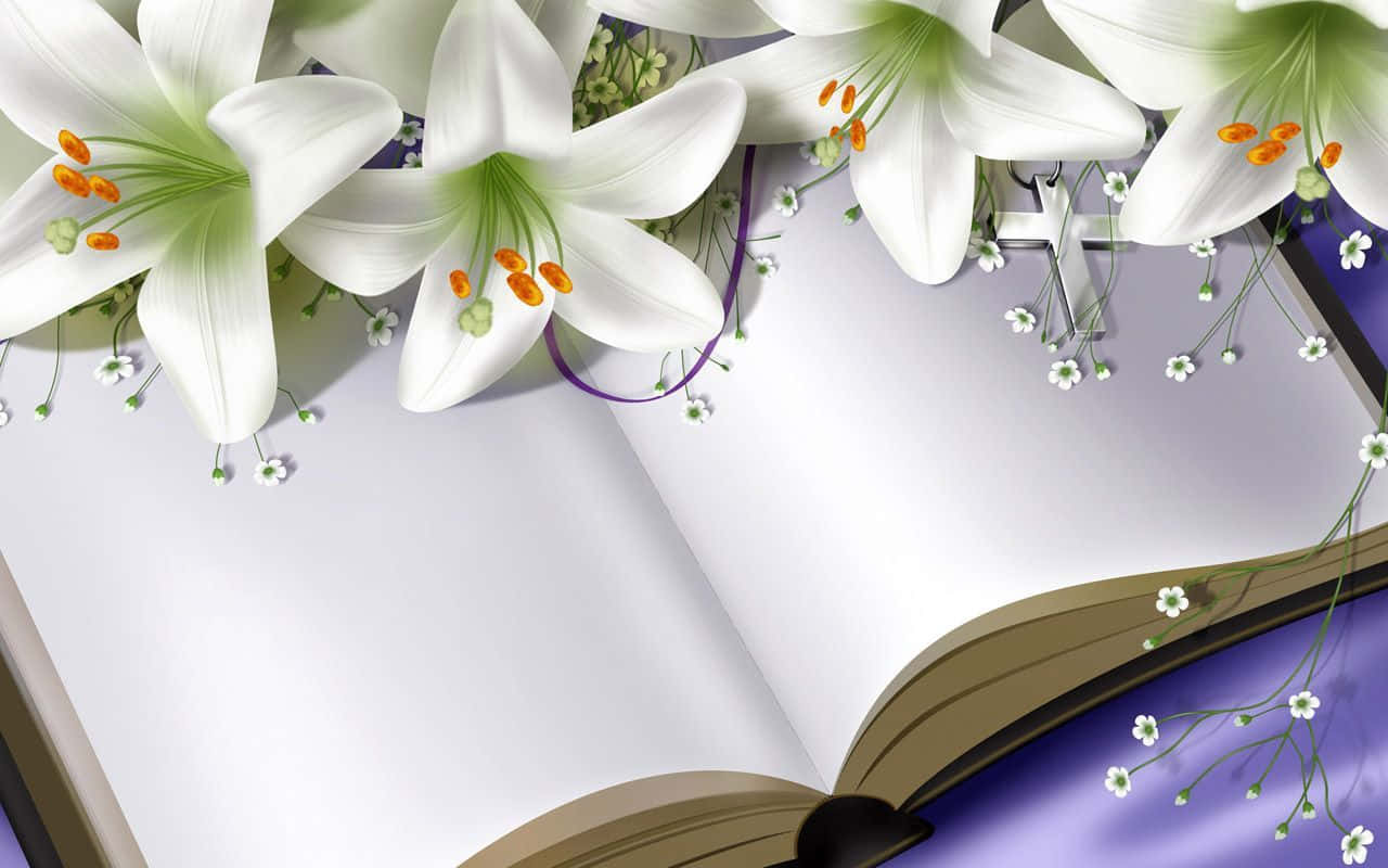 An Open Book Amidst Beautiful Lily Flowers Wallpaper