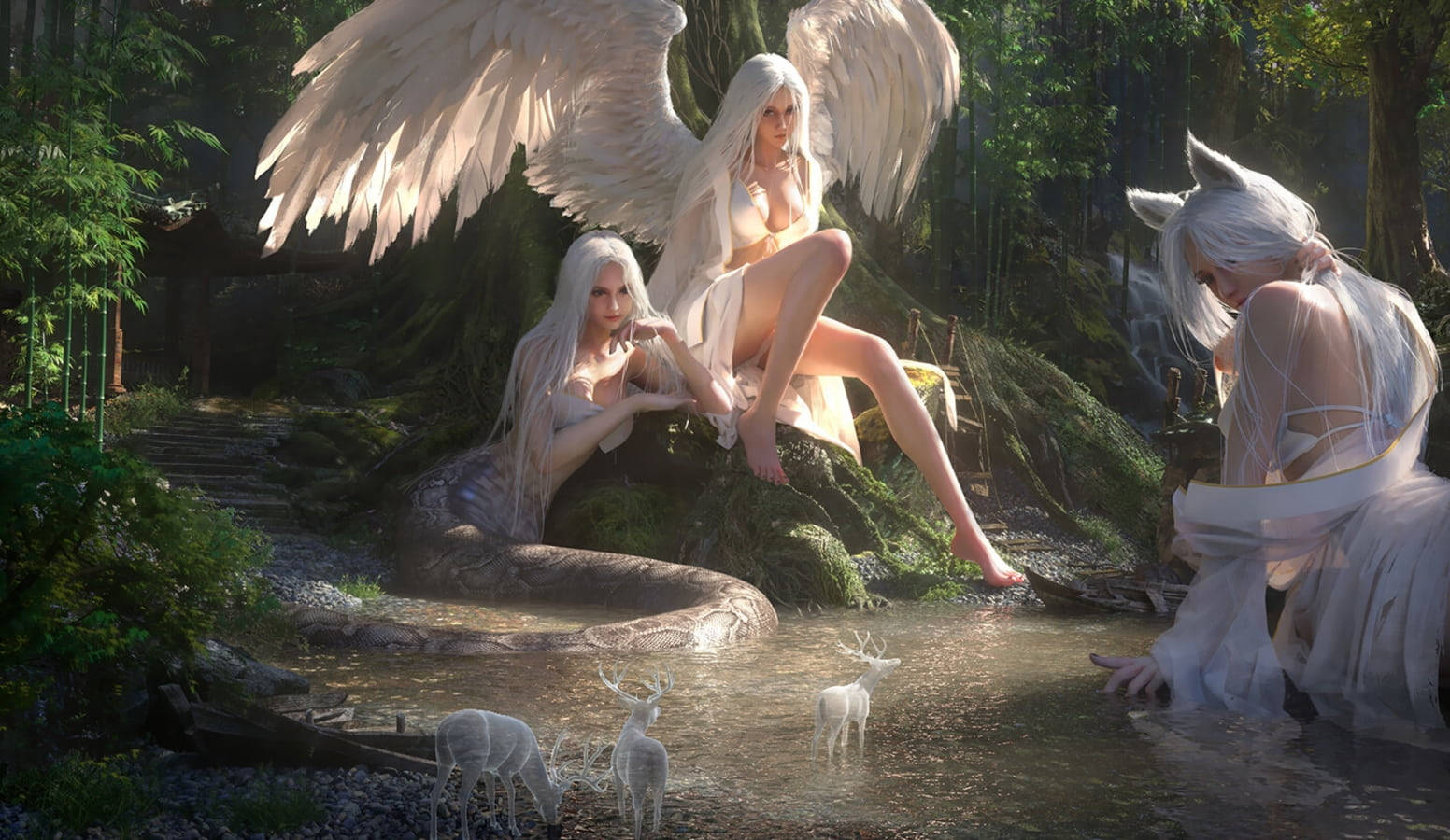 Angel Girl With Mermaid And Fox Girl Wallpaper